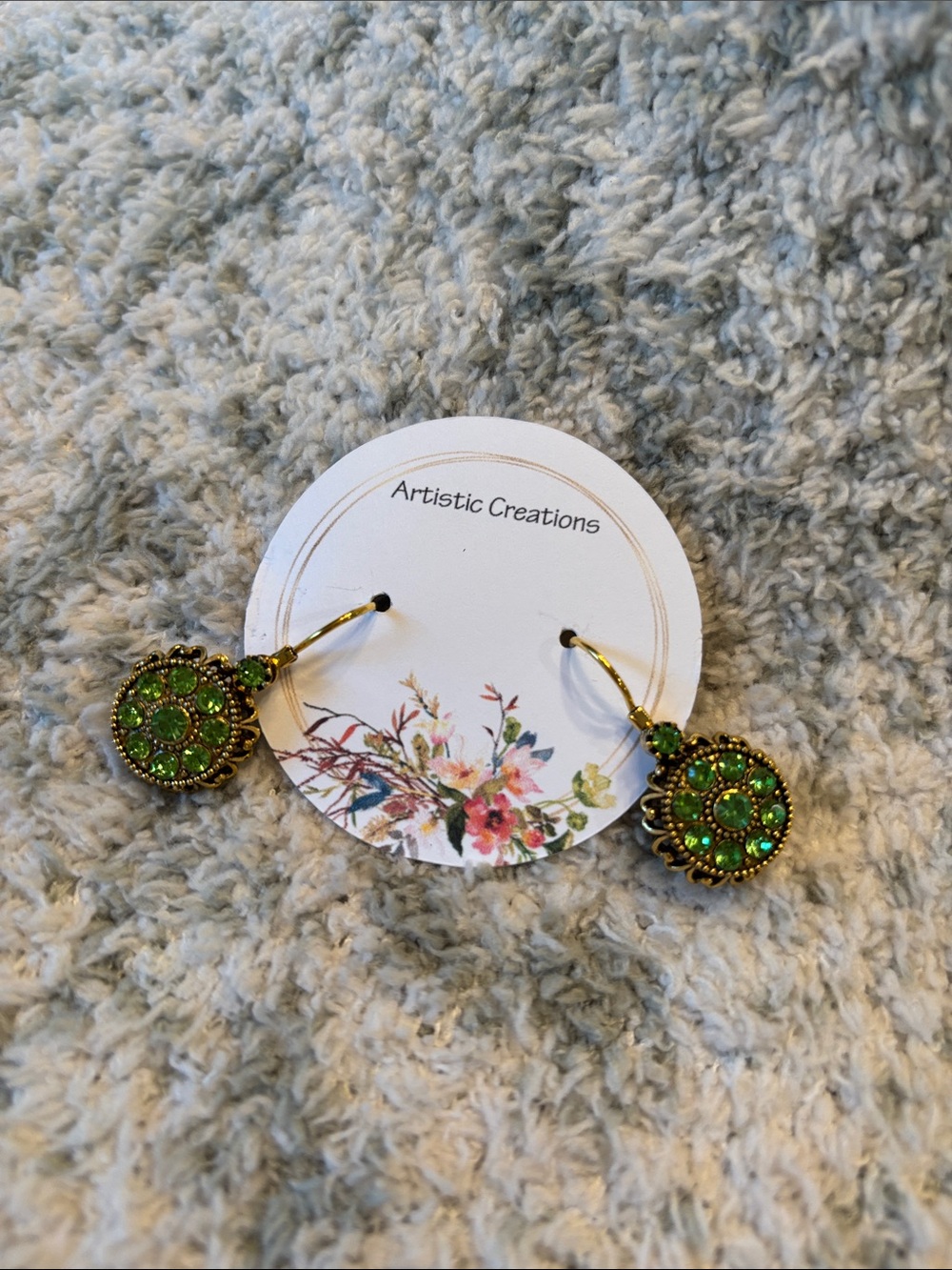 Bright Green Antiqued Styled Crystal Lever Back Pierced Earrings 1.25”